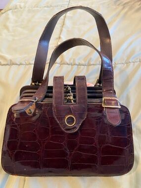 Vintage Croc-Embossed Leather Handbag in Deep Burgundy